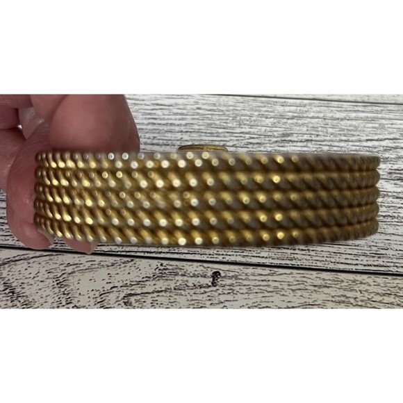 Buckle Gold Tone Bangle Hinged Bracelet Faux Buckle Rhinestones - Picture 4 of 5